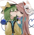  2girls ^_^ black_hat blue_shirt blunt_bangs blush bow bright_pupils closed_eyes closed_mouth commentary_request drooling eyelashes facing_another frilled_shirt_collar frilled_sleeves frills green_hair hair_between_eyes hands_up happy hat hat_bow hata_no_kokoro heart heart_of_string highres hug hug_from_behind kiss kissing_cheek koishi_day komeiji_koishi long_hair long_sleeves looking_at_another mask mask_on_head medium_hair mino_(minori) mouth_drool multiple_girls pink_eyes pink_hair plaid plaid_shirt purple_bow shirt simple_background smile sound_effects straight_hair third_eye touhou upper_body very_long_hair wavy_mouth white_background white_pupils wide_sleeves yellow_bow yellow_shirt yuri 