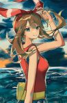  1girl absurdres asatte_3z bare_shoulders bow brown_hair closed_mouth eyelashes fanny_pack from_side grey_eyes hair_bow highres looking_at_viewer may_(pokemon) pokemon pokemon_oras red_bow red_shirt shirt sleeveless sleeveless_shirt smile solo upper_body 
