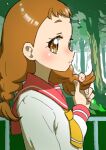  1girl arisugawa_himari blush braid brown_eyes brown_hair ei_(eikun) holding holding_hair ichigozaka_middle_school_uniform kirakira_precure_a_la_mode medium_hair outdoors precure school_uniform serafuku solo twin_braids upper_body 