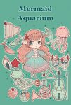  1girl blue_eyes bow_(music) brown_hair cerika doughnut dress english_text fish food french_horn full_body green_background harp highres instrument jellyfish long_hair looking_at_viewer macaron original outline shell solo starfish_hair_ornament triangle_(instrument) violin white_outline 