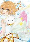  1girl blush brown_hair cardcaptor_sakura dress green_eyes highres holding holding_wand kinomoto_sakura looking_at_viewer looking_back marker_(medium) open_mouth short_hair smile solo sui47012789 traditional_media upper_body wand white_dress wings 