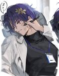  1boy 1other closed_eyes dr._ratio_(honkai:_star_rail) fractalmagnolia hair_ornament highres holding holding_marker honkai:_star_rail honkai_(series) lanyard long_sleeves male_focus marker out_of_frame parted_lips purple_hair short_hair sleeping speech_bubble teeth turtleneck upper_body zzz 