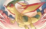  black_eyes bright_pupils claws closed_mouth commentary_request flygon kotone_(kotone11152) no_humans outdoors pokemon pokemon_(creature) smile smoke solo white_pupils 