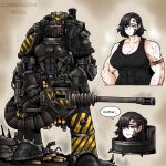 1girl abs armor biceps black_tank_top blue_eyes brown_hair commission genderswap genderswap_(mtf) heavy_bolter highres iron_warriors mechanical_parts multiple_views muscular muscular_female octosoup power_armor shell_casing solo space_marine tank_top warhammer_40k