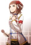  1girl amami_haruka ayakura_juu brown_hair commentary_request flower green_eyes hair_flower hair_ornament hair_ribbon hand_on_own_chest idolmaster idolmaster_(classic) idolmaster_movie jacket looking_up microphone ribbon short_hair sketch smile solo starpiece_memories_(idolmaster) 