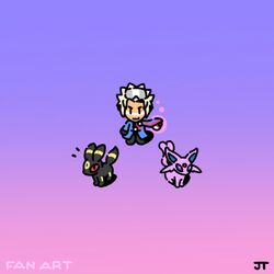  1boy black_eyes black_gloves blonde_hair blue_coat chibi closed_mouth coat commentary espeon gloves gradient_background highres holding holding_poke_ball james_turner long_sleeves male_focus notice_lines poke_ball poke_ball_(basic) pokemon pokemon_(creature) pokemon_colosseum short_hair signature smile solid_oval_eyes standing umbreon wes_(pokemon) 