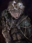  1boy alfred_(bloodborne) armor black_armor black_background blonde_hair blood blood_from_mouth blood_on_face bloodborne breastplate facial_hair fune_(nkjrs12) gauntlets hair_between_eyes hair_over_one_eye hand_on_own_chest highres looking_to_the_side male_focus mutton_chops one_eye_covered serious simple_background solo upper_body yellow_eyes 