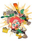  !? 1girl blonde_hair blue_eyes commentary_request dual_wielding gradient_hair grizzco_dualies_(splatoon) highres holding holding_weapon inari1369 multicolored_hair octoling_girl octoling_player_character open_mouth redhead salmon_run_(splatoon) solo speech_bubble splatoon_(series) splatoon_3 spoken_interrobang tentacle_hair weapon white_background 