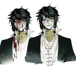  1boy bandaged_neck bandages black_hair black_jacket blood blood_on_bandages blood_on_clothes blood_on_face chinese_commentary clenched_teeth collared_shirt commentary_request facial_tattoo grey_eyes grin hr_(wuhouran) jacket jewelry low-tied_sidelocks male_focus medium_hair multiple_views necklace open_clothes open_collar open_jacket shirt sidelocks simple_background smile tattoo teeth touqi_guaitan white_background white_shirt ziche_fuzhao 