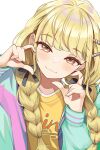  1girl 4-fingers_heart_hands :3 absurdres blonde_hair blush braid commentary fujita_kotone gakuen_idolmaster hair_ribbon half-heart_hands head_tilt highres idolmaster jacket long_hair long_sleeves looking_at_viewer multicolored_clothes multicolored_jacket ribbon ritseya shirt simple_background smile solo twin_braids upper_body white_background yellow_eyes yellow_shirt 