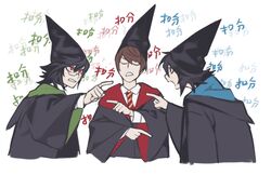  3boys accusations black_eyes black_hair black_hat black_robe brown_hair clenched_teeth closed_eyes collared_shirt death_note glasses hair_between_eyes harry_potter_(series) hat highres l_(death_note) male_focus medium_hair mikami_teru multiple_boys necktie open_mouth pointing pointy_hat red_eyes robe saaak57587044 school_uniform shirt short_hair striped_necktie teeth upper_body white_background white_shirt wide_sleeves wizarding_world yagami_light 