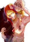  2boys ^_^ aged_down blonde_hair cape child closed_eyes commentary_request donquixote_rocinante fur_cape hand_on_headwear hat heart heart_print highres hood looking_at_another makeup male_focus multiple_boys on_shoulder one_eye_closed one_piece rai_00_k2 shorts smile trafalgar_law 