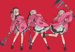  1girl apron belt black_dress brown_hair collared_dress colored_inner_hair dress fishnet_socks fishnets full_body hammer heavy high_heels highres holding holding_hammer hood hood_down hoodie koze_niire long_belt long_hair long_sleeves maid maid_headdress makaino_ririmu makaino_ririmu_(5th_costume) motion_blur multicolored_hair multiple_views nijisanji off_shoulder open_clothes open_hoodie pink_eyes pink_hair pink_hoodie platform_footwear red_background sequential simple_background sledgehammer socks standing standing_on_one_leg swinging two-handed two_side_up virtual_youtuber waist_apron white_belt 