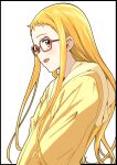  1girl absurdres blonde_hair glasses highres hood hoodie kasugano_urara_(yes!_precure_5) long_hair looking_at_viewer mutsumura_ryuuichi open_mouth precure short_bangs sideways_glance simple_background smile solo upper_body white_background yellow_eyes yellow_hoodie yes!_precure_5 