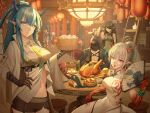  1other 3girls absurdres animal_ears arknights bitey_(arknights) black_hair blue_eyes blue_hair china_dress chinese_clothes chinese_new_year doctor_(arknights) dragon_girl dragon_horns dragon_tail dress dtmw3374 dusk_(arknights) dusk_(everything_is_a_miracle)_(arknights) fake_animal_ears food gradient_skin green_horns hair_over_one_eye highres holding holding_food horns ling_(arknights) looking_at_viewer multiple_girls nian_(arknights) nian_(unfettered_freedom)_(arknights) rabbit_ears red_eyes tail violet_eyes white_hair 
