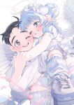  1boy 1girl ahoge angel angel_wings apron bandage_on_knee black_hair blue_dress blue_eyes blue_footwear blue_hair blue_socks blunt_bangs blurry blurry_foreground blush commentary_request cross_hair_ornament depth_of_field dot_nose double_bun dress face-to-face floating_clothes floating_hair frilled_apron frills gloves hair_bun hair_ornament hairpin halo hand_on_another&#039;s_hand heart heart_hair_ornament highres hug legs_together light_blue_hair looking_at_another loose_socks maid_apron maid_headdress midriff_peek mole mole_under_eye nichijou_kamoshirenai one_eye_closed original pants parted_lips pink_petals puffy_short_sleeves puffy_sleeves rabbit_hair_ornament shirt short_hair short_sleeves sidelocks signature sitting smile socks sora_(wolrero) standing striped_clothes striped_socks t-shirt tareme thick_eyebrows white_apron white_background white_footwear white_gloves white_halo white_pants white_shirt white_socks white_wings wings wolrero 