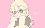  1girl :i blonde_hair blue_eyes blue_hair brown-framed_eyewear brown_jacket closed_mouth empty_eyes eyebrows_hidden_by_hair glasses gradient_hair hair_down hair_ornament hairclip hands_on_own_cheeks hands_on_own_face highres jacket kyu-kurarin_(cevio) light_blue_hair link!_like!_love_live! long_hair long_sleeves love_live! lyrics multicolored_hair official_alternate_costume official_alternate_hairstyle osawa_rurino parted_bangs pink_background simple_background solo translation_request upper_body virtual_youtuber white_2530 