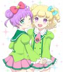  2girls :d ahoge avocado_academy_school_uniform blonde_hair blush bow commentary_request double_bun green_eyes green_jacket hair_bow hair_bun holding_hands idol_time_pripara interlocked_fingers jacket long_sleeves looking_at_viewer manaka_laala manaka_laala_(young) multiple_girls necktie one_eye_closed open_mouth pink_bow pink_necktie pink_skirt pleated_skirt pretty_series pripara purple_hair ringlets school_uniform short_hair skirt smile standing two_side_up unya_(unya-unya) violet_eyes yumekawa_yui 