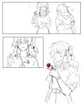  2girls bocchi_the_rock! closed_eyes closed_mouth collared_shirt commentary flower gotoh_hitori heart highres holding holding_flower hood hoodie kita_ikuyo long_hair multiple_girls one_side_up open_mouth parted_lips red_flower red_rose rose salt66666 shirt short_sleeves smile watch watch yuri 
