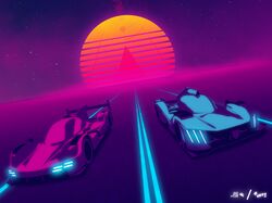  artist_name car english_commentary fat_factor glowing highres imsa_sportscar_championship le_mans_prototype motor_vehicle no_humans peugeot peugeot_9x8 porsche porsche_963 race_vehicle racecar spoiler_(automobile) sunset synthwave vehicle_focus world_endurance_championship 