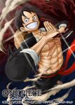  1boy black_hair black_shorts commentary_request from_above hat looking_to_the_side male_focus monkey_d._luffy official_art one_piece one_piece_card_game red_sash rofta_55 sash scar scar_on_chest short_hair shorts smile smoke solo straw_hat 