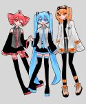  3girls a.i._voice adachi_rei ahoge black_footwear black_leggings black_shirt black_skirt black_sleeves blue_eyes blue_hair blue_necktie blue_trim boots closed_mouth collared_shirt detached_sleeves drawstring drill_hair full_body grey_background grey_shirt grey_skirt hair_ornament hair_ribbon hairclip hatsune_miku headlamp highres holding_hands jacket kasane_teto kawano_rikopin leggings long_hair long_sleeves looking_at_viewer miniskirt multiple_girls necktie one_eye_closed one_side_up open_clothes open_jacket open_mouth orange_eyes radio_antenna red_eyes red_trim redhead ribbon shirt shoes simple_background skirt sleeveless sleeveless_shirt smile standing thigh_boots turtleneck twin_drills twintails utau very_long_hair vocaloid white_footwear white_jacket white_ribbon zettai_ryouiki 