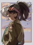  1girl 3d_glasses absurdres an-an_lee black_hair border closed_mouth clouds eyewear_on_head from_side green_jacket grey_border highres jacket looking_at_viewer looking_to_the_side medium_hair natsugu72 outside_border ponytail purple_sky reverse:1999 sidelighting sky smile solo turning_head upper_body yellow_eyes 