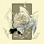  1boy absurdres blonde_hair cape clenched_hands dragon_ball dragon_ball_z electricity highres limited_palette medium_hair noir_illust red_eyes serious solo son_gohan spiky_hair super_saiyan super_saiyan_2 white_cape wristband 