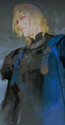  1boy armor belt black_armor blonde_hair blue_belt blue_cape blue_eyes cape chest_strap cowboy_shot dimitri_alexandre_blaiddyd eyepatch fire_emblem fire_emblem:_three_houses hair_between_eyes hair_over_one_eye hand_out_of_frame highres looking_to_the_side male_focus medium_hair one_eye_covered parted_lips pauldrons shoulder_armor side_cape simple_background single_pauldron solo zn_(loliconzn) 