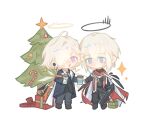  2boys ahoge arknights bieshi black_pants blonde_hair blue_eyes blue_jacket blue_necktie blush brown_footwear candy candy_cane cape chibi christmas_ornaments christmas_tree commentary cup earpiece enforcer_(arknights) english_commentary executor_(arknights) executor_the_ex_foedere_(arknights) food full_body gift giving grey_pants gun hair_over_one_eye halo highres holding holding_cup holding_gun holding_weapon jacket looking_at_another looking_at_viewer male_focus multiple_boys necktie open_mouth pants red_scarf scarf short_hair simple_background smile sparkle violet_eyes weapon white_background white_cape wings 