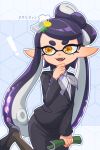  1girl black_skirt black_suit blue_background bow bow-shaped_hair bowtie callie_(splatoon) eyelashes highres inkling long_hair mian_noodle mole mole_under_eye official_alternate_costume open_mouth pencil_skirt pointy_ears purple_hair see-through_bowtie short_eyebrows skirt smile solo splatoon_(series) splatoon_3 star-shaped_pupils star_(symbol) suit symbol-shaped_pupils teeth tentacle_hair thick_eyebrows translation_request white_bow white_bowtie yellow_eyes yellow_pupils 