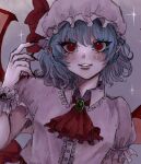  1girl ascot bat_wings blue_hair dress hat hat_ribbon highres is_398 mob_cap pink_dress red_ascot red_eyes remilia_scarlet ribbon solo touhou wings 