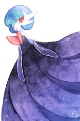  alternate_color black_gloves blue_hair bob_cut colored_skin dress elbow_gloves gardevoir gloves hair_over_one_eye ichiwatercolor mega_gardevoir mega_pokemon painting_(medium) pink_eyes pokemon pokemon_(creature) shiny_pokemon simple_background strapless strapless_dress traditional_media watercolor_(medium) white_background white_dress white_skin 