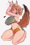 1girl absurdres alternate_costume animal_ear_fluff animal_ears arknights bare_legs bracelet breasts brown_eyes brown_hair digital_media_player earphones earphones gym_shorts halterneck highres jewelry large_breasts long_hair looking_at_viewer motion_lines navel naxius_noxy open_mouth ponytail ratatos_browntail_(arknights) seiza shorts sidelocks sitting solo sports_bra squirrel_ears squirrel_girl squirrel_tail tail thick_eyebrows white_background workout_clothes 
