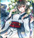  1girl :d bird_wings black_hair black_kimono black_thighhighs black_wings blue_sky camera chest_sarashi commentary_request cowboy_shot day detached_sleeves feathered_wings hajike_akira hand_in_own_hair happy hat highres holding holding_camera japanese_clothes kimono kourindou_tengu_costume long_sleeves looking_at_viewer outdoors pelvic_curtain pointy_ears pom_pom_(clothes) red_eyes red_hat red_sash ribbon-trimmed_sleeves ribbon_trim sarashi sash shameimaru_aya sky smile solo tassel thigh-highs tokin_hat touhou traditional_media tree white_kimono white_sleeves wide_sleeves wings 