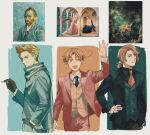  3boys absurdres ahoge axis_powers_hetalia black_gloves blonde_hair blue_necktie brown_hair buttons cigarette collared_shirt color_guide facing_viewer fine_art_parody france_(hetalia) from_side furrowed_brow gloves hand_in_pocket hand_on_own_hip hand_up highres holding holding_cigarette jacket looking_to_the_side mi_kan1609 multiple_boys necktie netherlands_(hetalia) northern_italy_(hetalia) open_clothes open_jacket open_mouth parody red_necktie scarf shirt short_ponytail smirk spiky_hair striped_clothes striped_scarf the_swing van_gogh_self-portrait vest vincent_van_gogh_(style) 