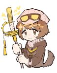  1boy :3 animal_ears arknights brown_eyes brown_hair brown_jacket closed_mouth clover_(clover11_40) commentary dog_boy dog_ears dog_tail english_commentary goggles goggles_on_headwear greyy_(arknights) hat highres holding jacket long_sleeves looking_at_viewer male_focus short_hair simple_background solo tail tareme upper_body white_background zipper_pull_tab 