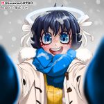  1girl absurdres angel artist_name azazel_(helltaker) black_hair blue_eyes blue_mittens blue_scarf blurry blurry_foreground blush bob_cut bow close-up coat commentary depth_of_field duffel_coat english_commentary eyelashes fur-trimmed_coat fur-trimmed_hood fur_trim gradient_background grey_background hair_bow hair_ribbon halo helltaker highres hood hood_down long_sleeves looking_at_viewer meme mittens nose_blush open_clothes open_coat open_mouth outdoors patreon_logo patreon_username portrait pov pov_cheek_warming_(meme) ribbed_sweater ribbon ringed_eyes scarf short_hair smile snow_on_body snow_on_head snowing solo straight-on suvorovsatbo sweater teeth toggles upper_body upper_teeth_only white_bow white_coat white_ribbon winter yellow_sweater 