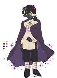  1boy ascot black_footwear black_hair black_pants black_skin cape color_guide colored_skin eye_of_ender full_body gomi_(gomiidd) heterochromia highres male_focus minecraft minecraft_youtube monster_boy multicolored_skin origins_smp pants ponytail ranboo ranboo_(enderian) shirt shoes sketch solo sparkle standing white_background white_shirt white_skin 