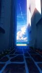  absurdres aircraft airplane alley beach bench blue_sky building clouds commentary contrail cumulonimbus_cloud day flower highres horizon no_humans ocean original outdoors pink_flower scenery sky smile_(qd4nsvik) stone_floor vanishing_point white_flower 