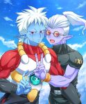  2boys blue_skin blue_sky blush clouds colored_skin commentary_request demon double_v dragon_ball dragon_ball_heroes dragon_ball_xenoverse embarrassed facing_viewer fang father_and_son floating_hair fu_(dragon_ball) glasses happy holding_another&#039;s_arm looking_at_viewer male_focus mira_(dragon_ball) moguro_(qianchul) multiple_boys muscular muscular_male open_mouth pointy_ears ponytail protected_link purple_skin red_eyes round_eyewear shiny_clothes short_hair sky tinted_eyewear undercut v white_hair yellow-tinted_eyewear yellow_wristband 