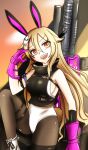  1girl armlet armpits assault_rifle black_jacket blurry blurry_background boots breasts brown_dust_2 brown_thighhighs cropped_jacket feet_out_of_frame gloves gun gun_on_back hair_between_eyes hair_ornament hand_in_own_hair hane0405 highres jacket knee_up leotard liatris_(brown_dust) looking_at_viewer open_mouth orange_eyes pink_gloves rifle sideboob sitting skull_hair_ornament smile solo teeth thigh-highs upper_teeth_only weapon weapon_on_back white_footwear white_leotard 