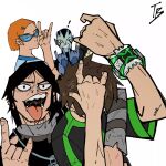  3boys alien bags_under_eyes ben_10 ben_10:_omniverse ben_tennyson black_hair blue_skin brown_hair colored_sclera colored_skin cousins glasses gwen_tennyson hair_ornament hairclip highres kevin_levin multiple_boys omnitrix orange_hair pointy_ears rook_blonko short_hair thatboy_studio yellow_sclera 