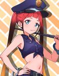  asukagawa_chise belt blue_eyes candy cuffs food gridman_universe gridman_universe_(film) handcuffs hat highres holding kamidan lollipop long_hair looking_at_viewer mole mole_under_mouth multicolored_hair police police_hat police_uniform policewoman redhead shirt solo twintails uniform zooming_in 