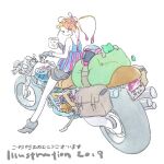  1girl 2019 braid colored_skin feeding_animal fish fish_food fishbowl grey_footwear grey_shorts helmet high_heels highres illustration.media motor_vehicle motorcycle motorcycle_helmet on_motorcycle profile shorts simple_background solo unworn_headwear unworn_helmet white_background white_skin yunico_uchiyama 