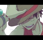  2boys ^_^ black_hair bracelet close-up closed_eyes from_above hand_on_another&#039;s_headwear hat highres jewelry letterboxed log_pose maigo0510 male_focus monkey_d._luffy multiple_boys one_piece open_mouth portgas_d._ace scar scar_on_face short_hair smile straw_hat twitter_username 