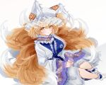  1girl animal_ears blonde_hair blush breasts closed_mouth dress fox_ears fox_tail frilled_socks frills hat highres large_breasts long_sleeves looking_at_viewer mob_cap multiple_tails sarasadou_dan short_hair socks solo tabard tail touhou white_dress white_hat white_socks wide_sleeves yakumo_ran yellow_eyes 