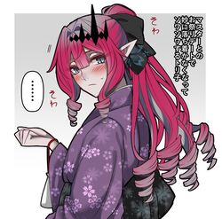  1girl baobhan_sith_(fate) blush drill_hair fate/grand_order fate_(series) grey_eyes hair_ornament hair_ribbon hand_up japanese_clothes kimono long_hair looking_at_viewer obi pink_hair pointy_ears ponytail purple_kimono ribbon sanmoto_gorouzaemon sash sidelocks solo sweat translation_request upper_body wide_sleeves yukata 