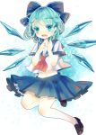  1girl black_footwear black_skirt blue_eyes blue_hair bow bowtie cirno detached_wings fairy fairy_wings hair_bow highres hiyuu_(hiyualice) ice ice_wings jumping open_mouth red_bow shirt short_hair skirt solo thigh-highs touhou white_shirt white_thighhighs wings 