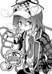  1girl =_= absurdres akimaki_yuu buttons checkered_clothes checkered_headwear deerstalker disgust eyeball foul_detective_satori greyscale hat hat_ornament heart heart_button heart_hat_ornament highres holding holding_smoking_pipe jacket komeiji_satori looking_at_viewer monochrome noose open_clothes open_jacket shirt smile smoke smoking_pipe solo third_eye tongue tongue_out touhou 